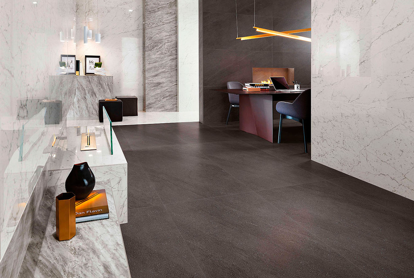 Керамогранит Marvel Carrara Pure Lappato 75x150, Marvel Bardiglio Grey Lappato 75x150, Marvel basaltina Volcano 75x150.