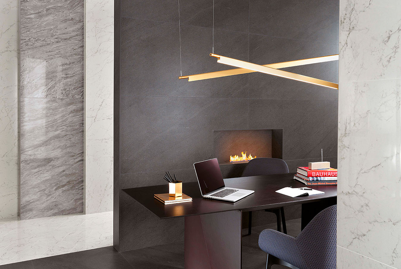 Керамогранит Marvel Carrara Pure Lappato 75x150, Marvel Bardiglio Grey Lappato 75x150, Marvel Basaltina Volcano 75x150, Мозаика Marvel Carrara Pure Chevron Lappato 22.5x22,9.