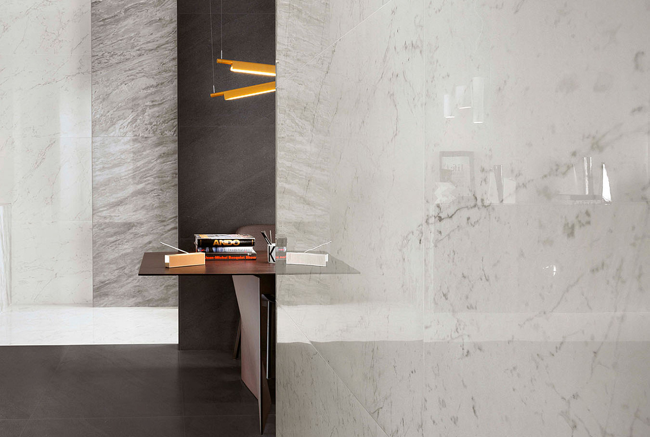 Керамогранит Marvel Carrara Pure Lappato 75x150, Marvel Bardiglio Grey Lappato 75x150, Marvel Basaltina Volcano 75x150, Мозаика Marvel Carrara Pure Chevron Lappato 22.5x22,9.